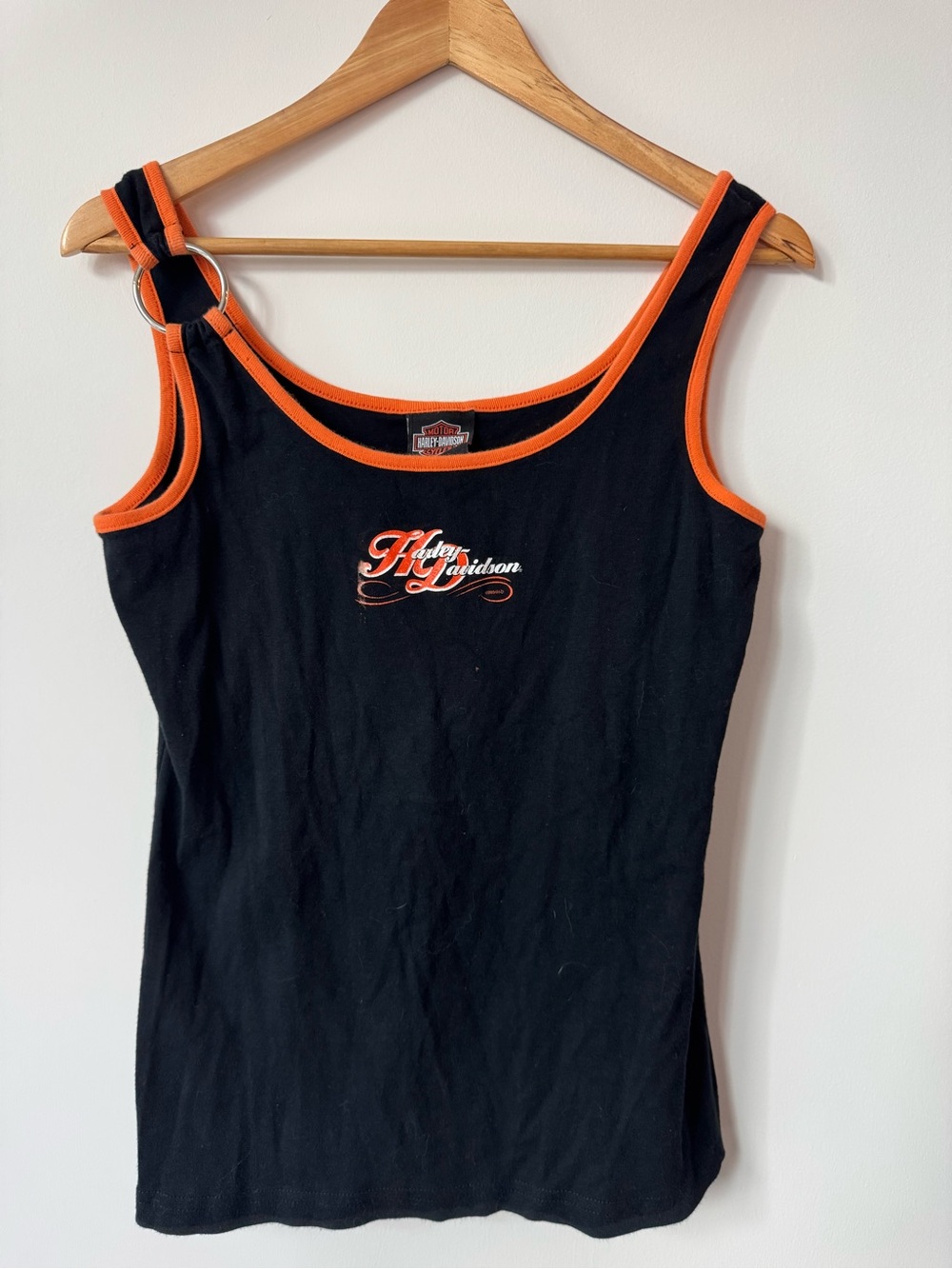Vintage Harley Davidson O-Ring Strap Tank Top Black Orange Mankato MN XL USA